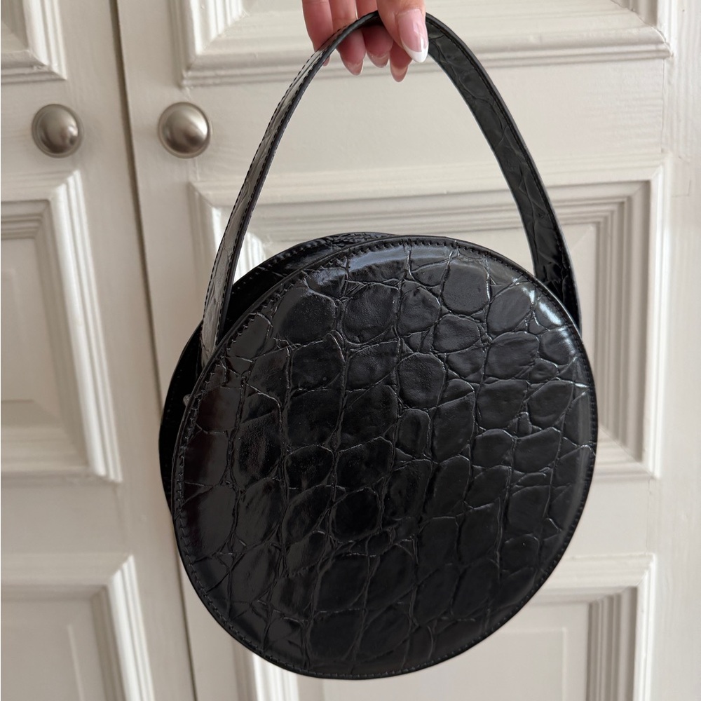 Black Croc-Embossed Round Shoulder Bag
